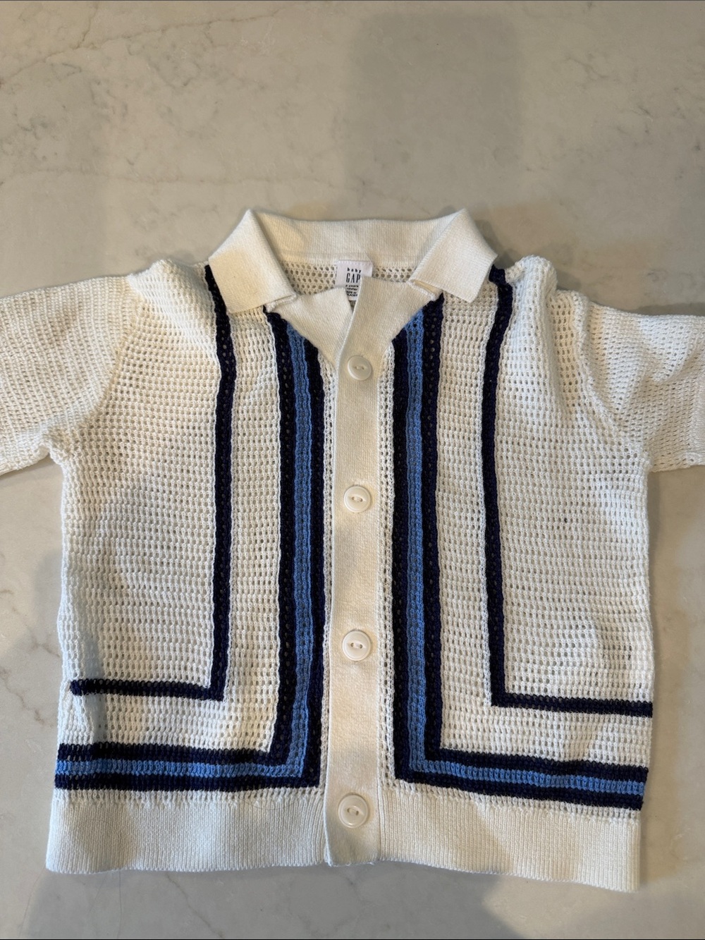 GAP White Knit Button-Up Cardigan with Navy and Light Blue Stripes